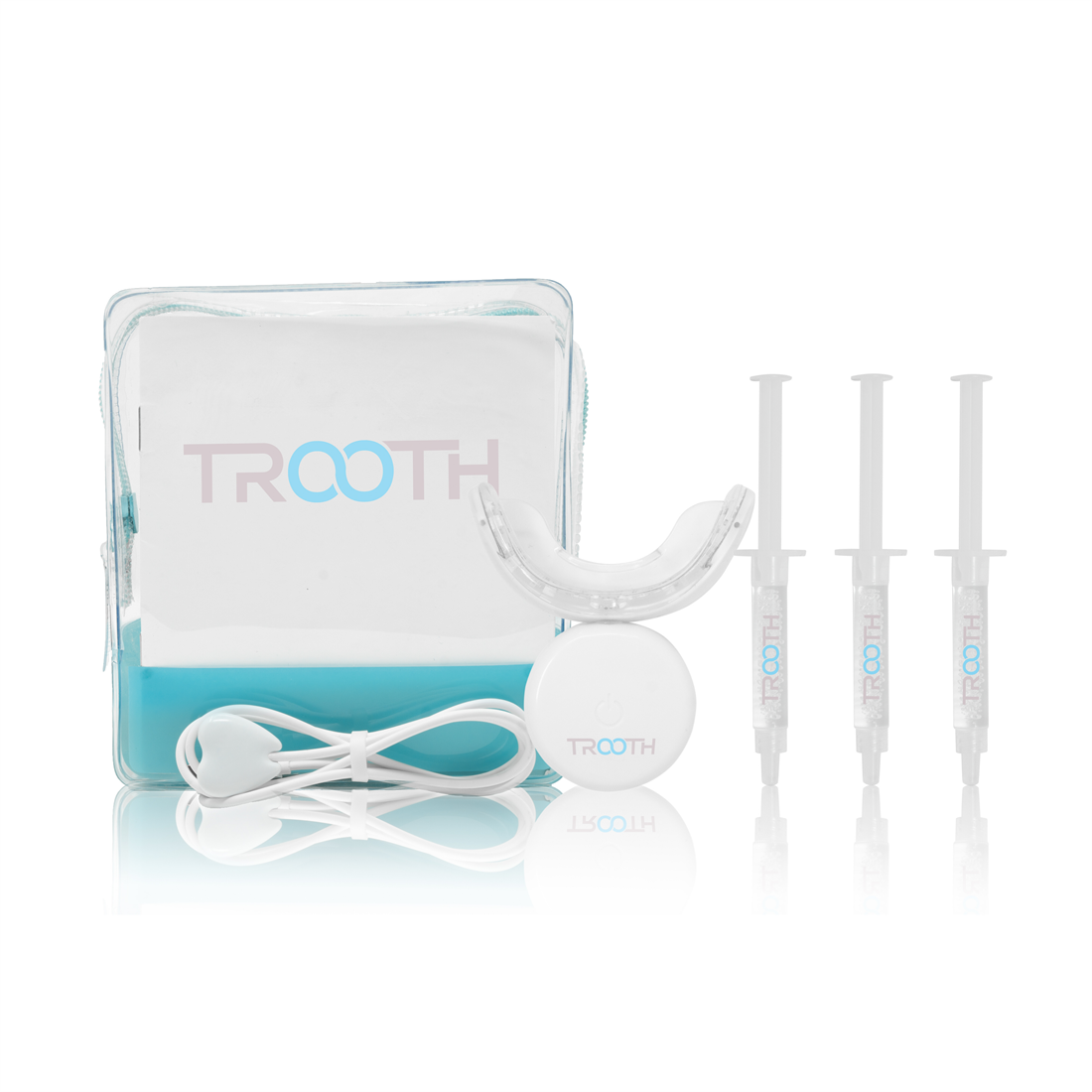 Trooth In 10 whitening kit with LED tray, zip case and three gel syringes
